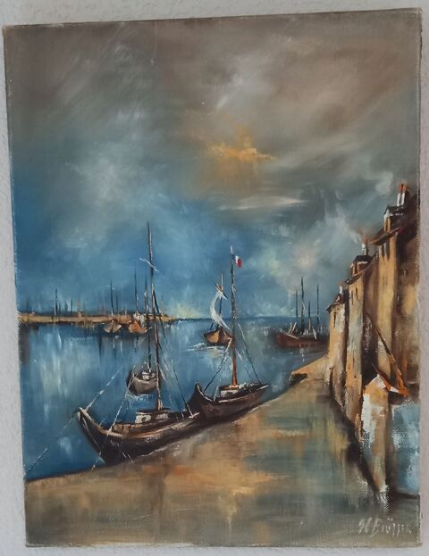 ? Huile sur toile ? Marine / Port rétro (Signée H. Früller) 45 Cranves-Sales (74)