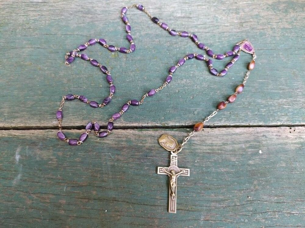 Ancien Chapelet Am&eacute;thyste Croix M&eacute;tal Argent&eacute; Religieux 