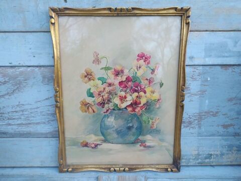 Tableau Aquarelle Bouquet de Fleurs Pensées Cadre Doré 
80 Loches (37)