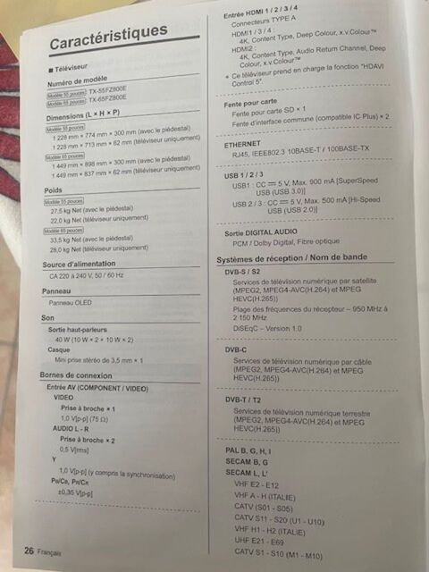 Panasonic Tlviseur OLED TX-65FZ800E Dolby Audio 1000 Saint-Pierre-le-Vieux (85)