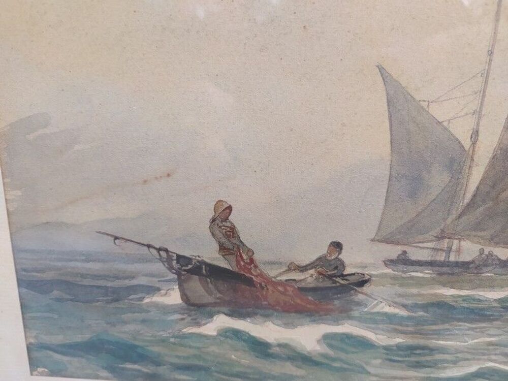 ANDR&Eacute; DES GACHONS Tableau Aquarelle Marine Bateau de P&ecirc;che 