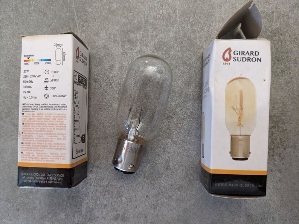 2 ampoules LAMPE TUBE de MACHINE &Agrave; COUDRE 25W B15 ou autre Bricolage