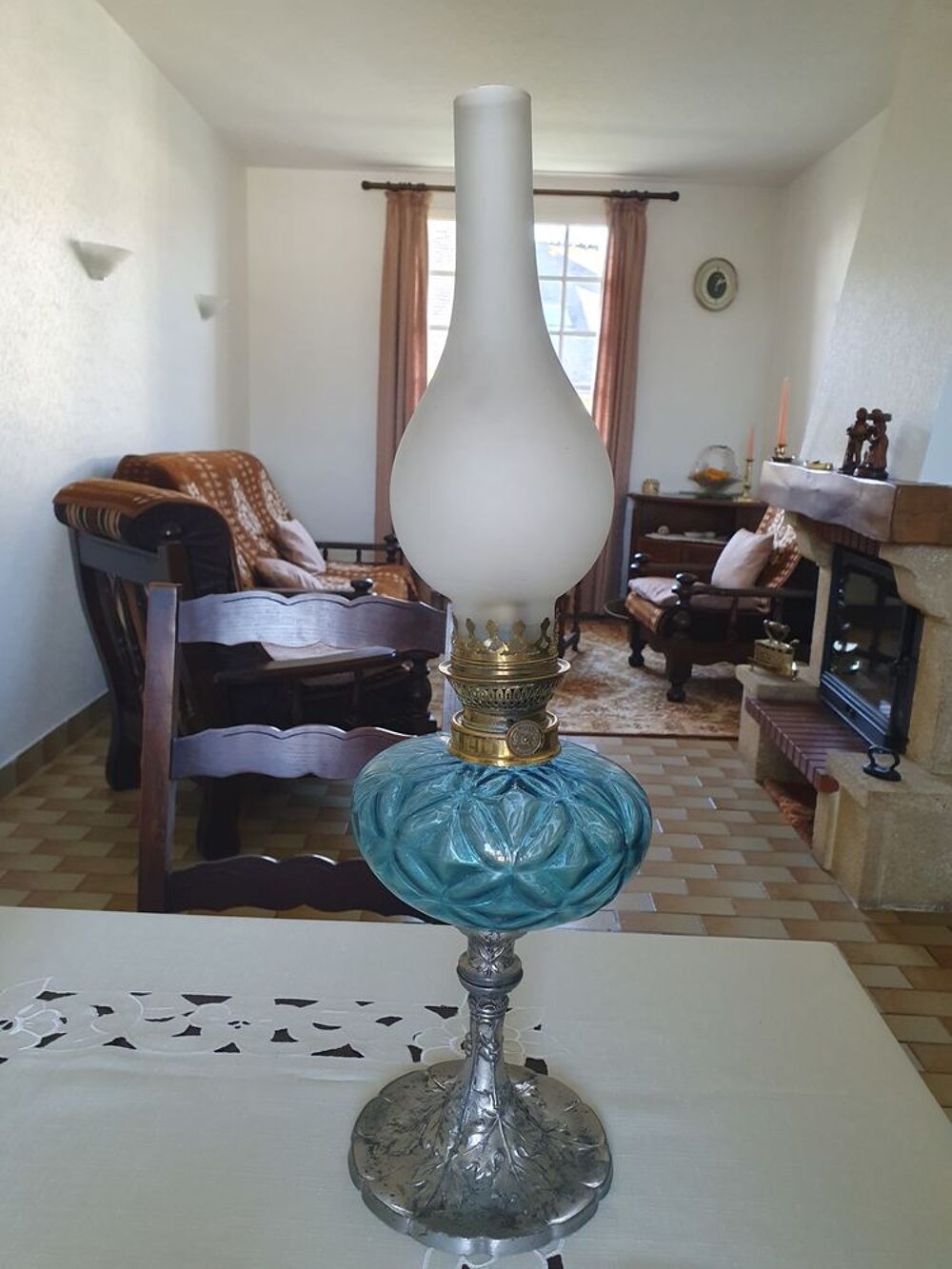 Lampe &agrave; p&eacute;trole en verre, cuivre et &eacute;tain Décoration