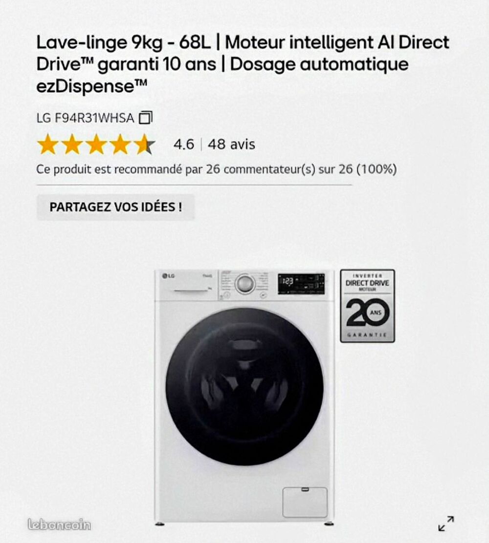 Combo lave linge et s&egrave;che linge LG
600 € Electroménager