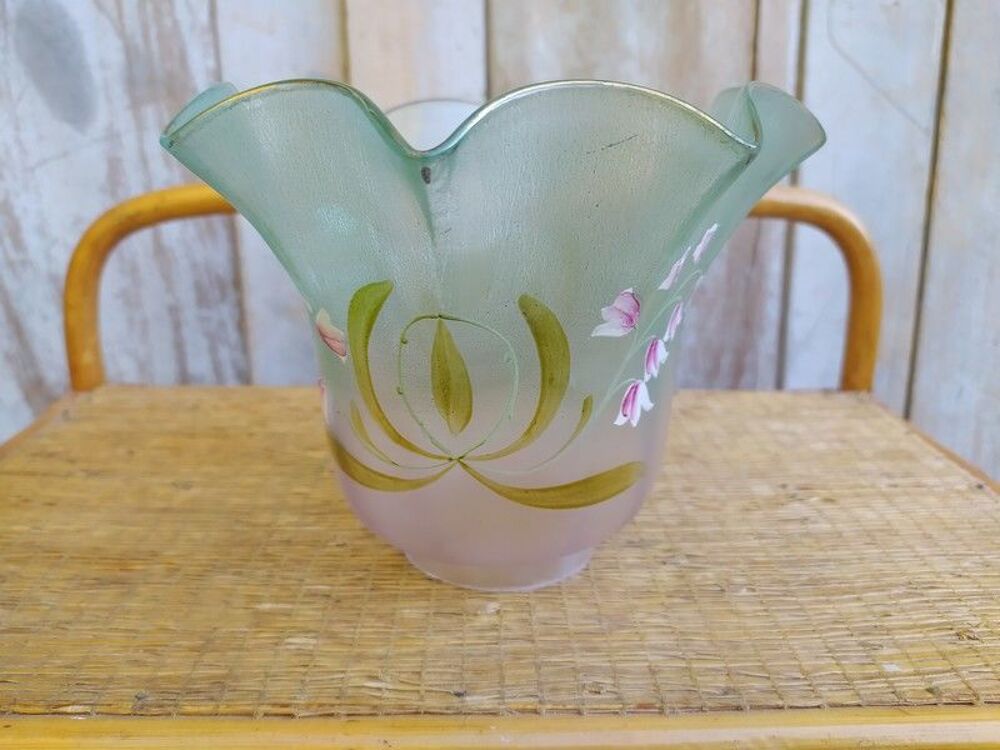 Grande Tulipe Verre de Lampe &agrave; P&eacute;trole Verte Fleurs Emaill&eacute;e Décoration