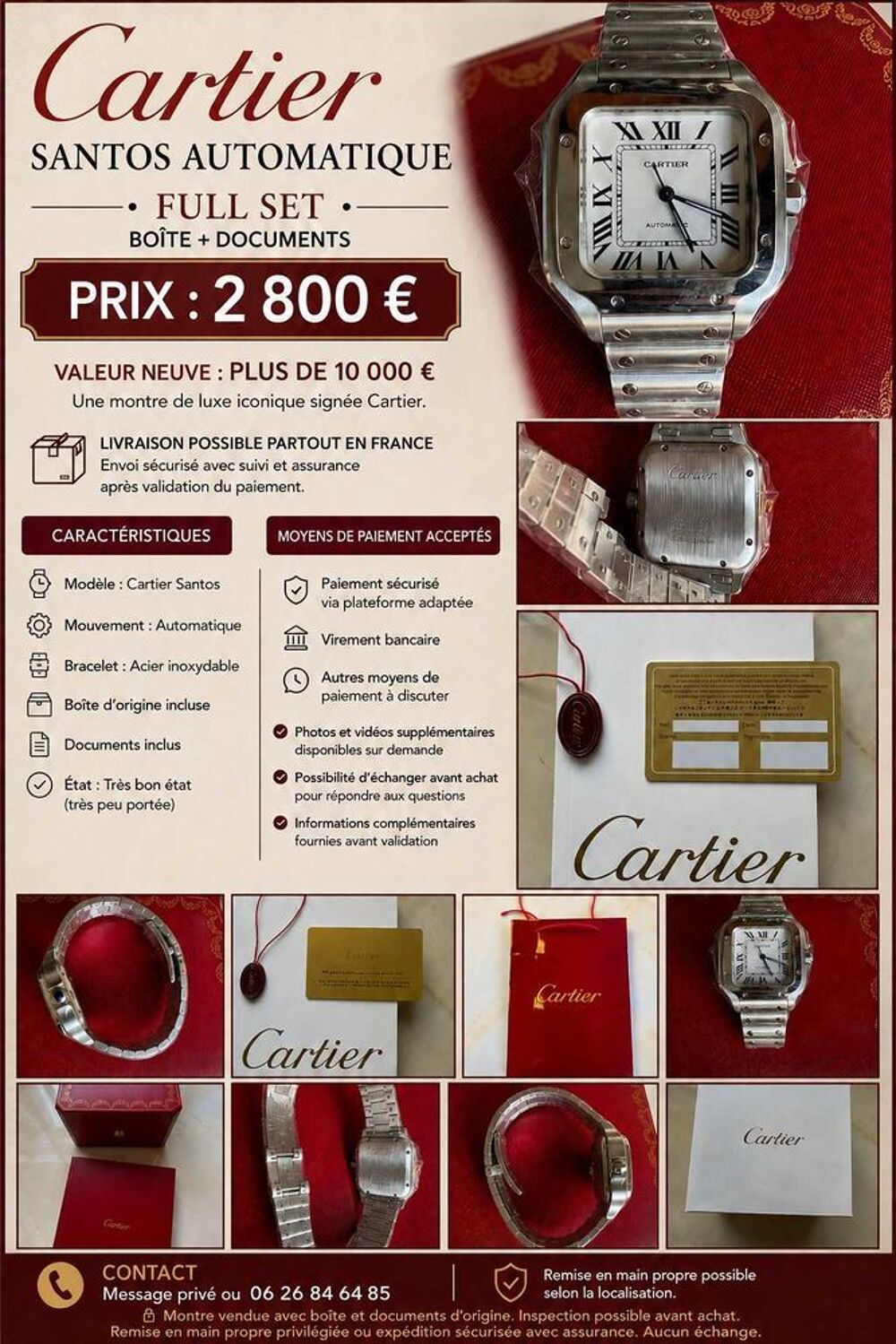 Cartier Santos Automatique €" Full Set (Bo&icirc;te + Documents) €" 2 800 € Bijoux et montres