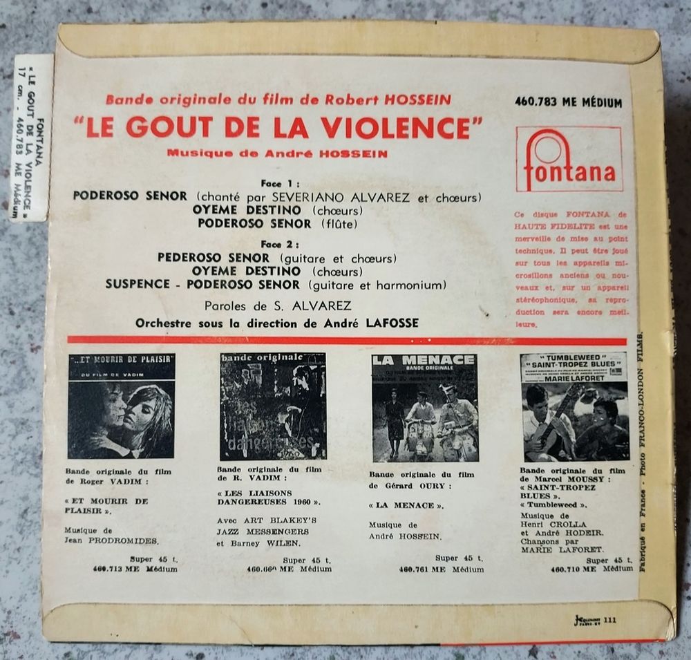 BOF LE GOUT DE LA VIOLENCE-45t EP-Robert/Andr&eacute; HOSSEIN-1961 CD et vinyles
