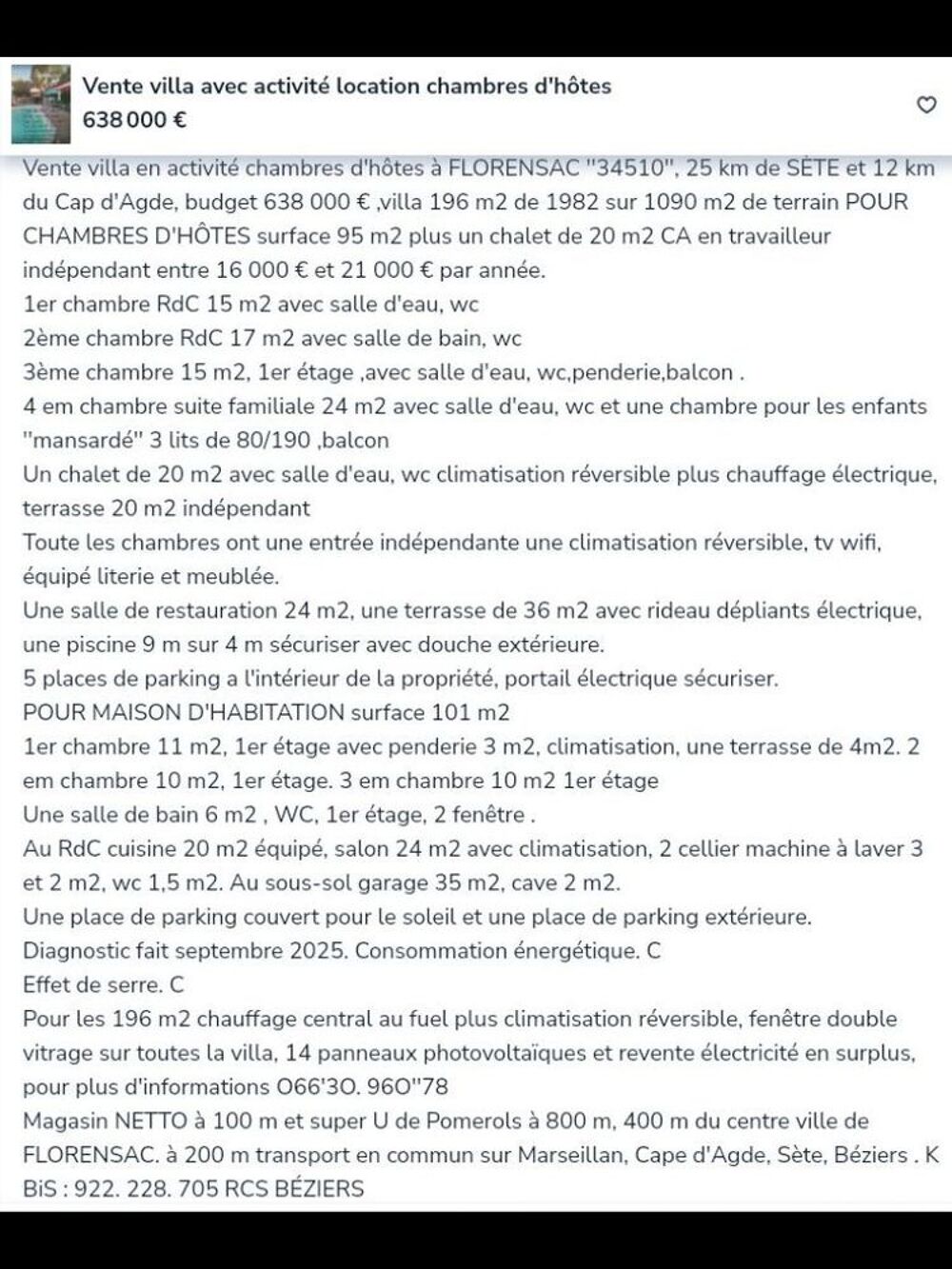 Vente Villa maison d'habitation et 5 en chambre d'hôtes Florensac