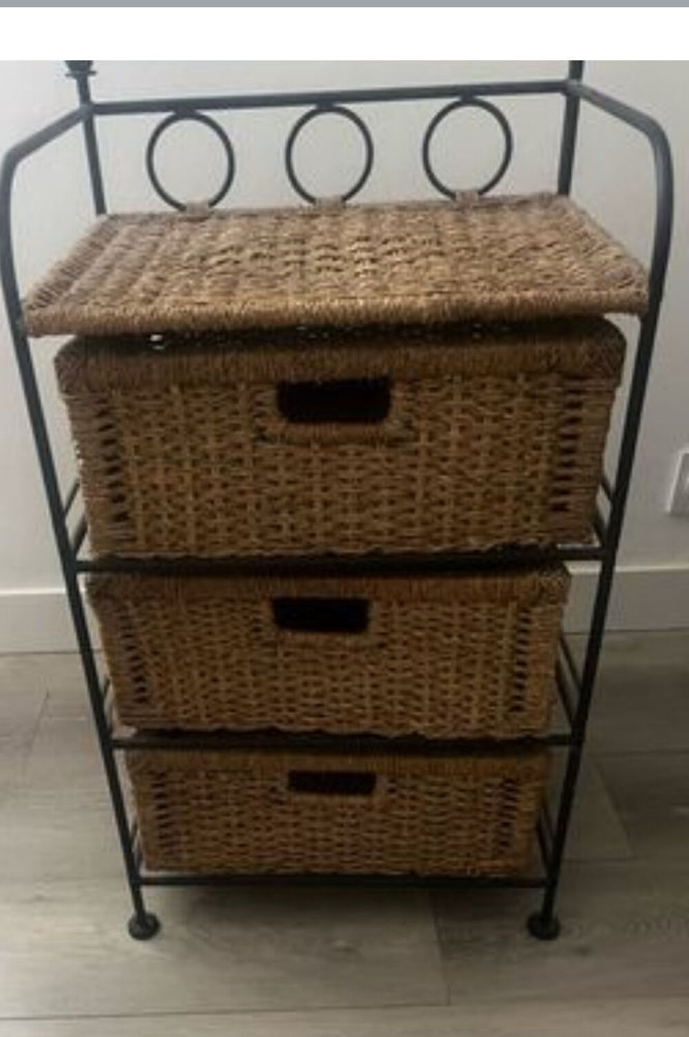 Meuble de rangement fer forg&eacute; et paniers en osier 3 tiroirs Meubles