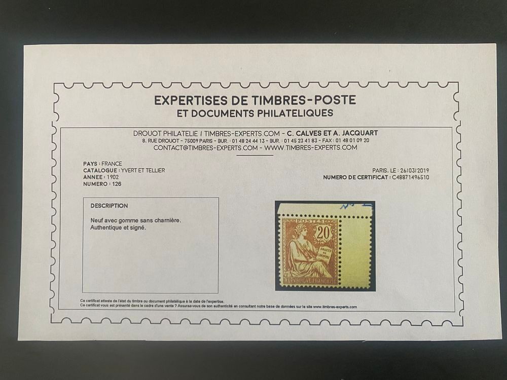 Mouchon 126 neuf**coin de feuille sign&eacute; et certificat Calv&egrave;s 