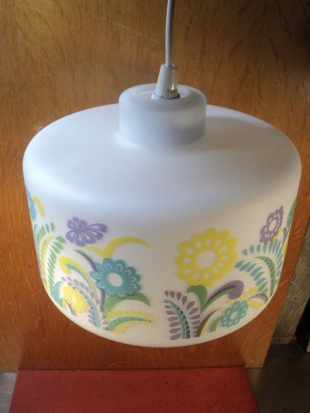 Ancienne Suspension Opaline Fleurs Vintage Ann&eacute;es 70 Décoration