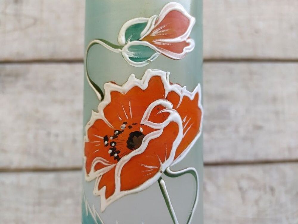 Ancien Vase Verre &Eacute;maill&eacute; D&eacute;cor Fleurs Pavot Style Legras Décoration