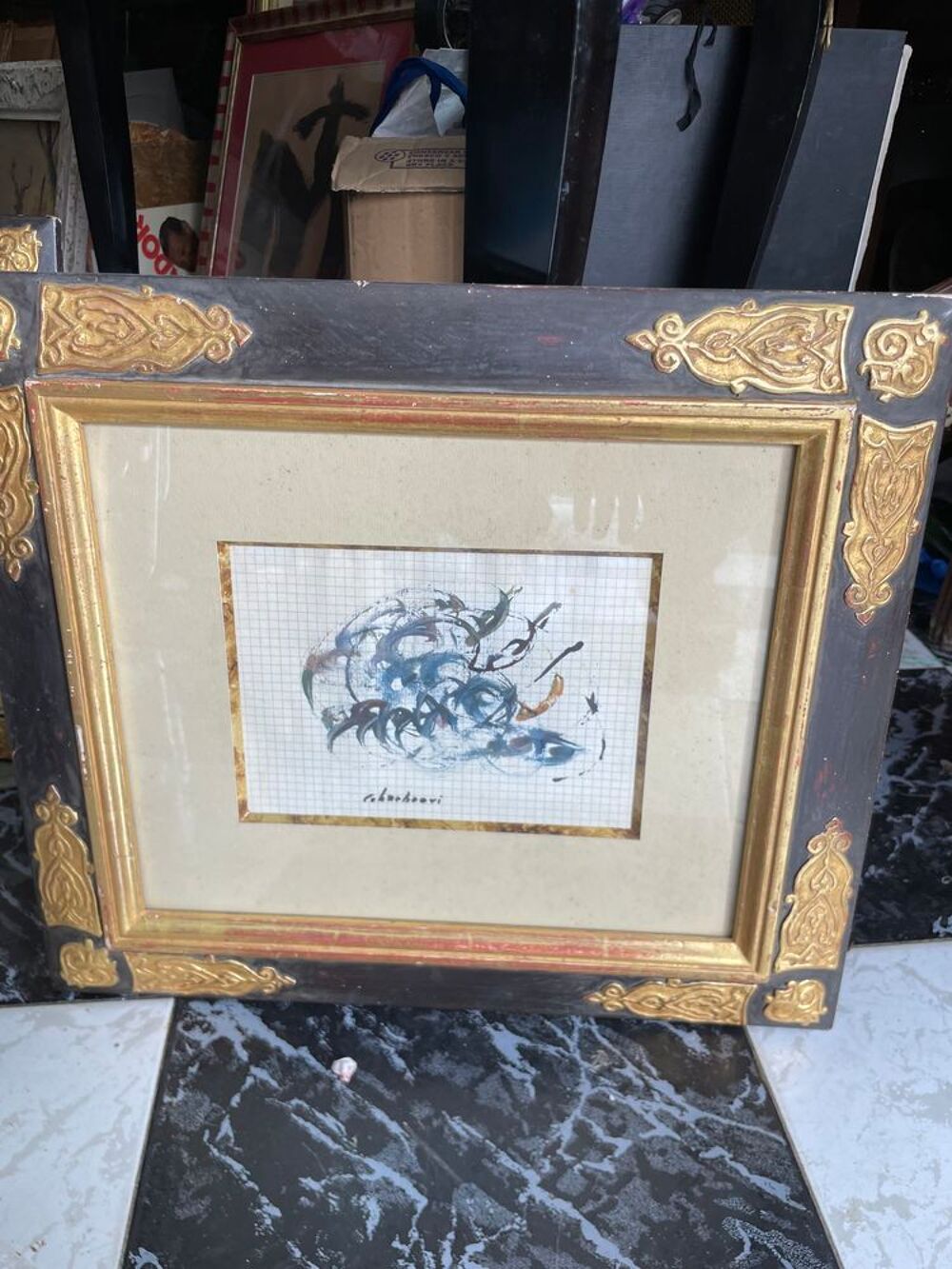 Lot de deux tableaux peinture abstraite cadres dor&eacute;s Décoration