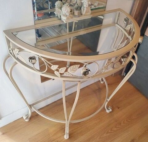Console en fer forg� couleur cr�me avec plateau en verre 50 Wormhout (59)