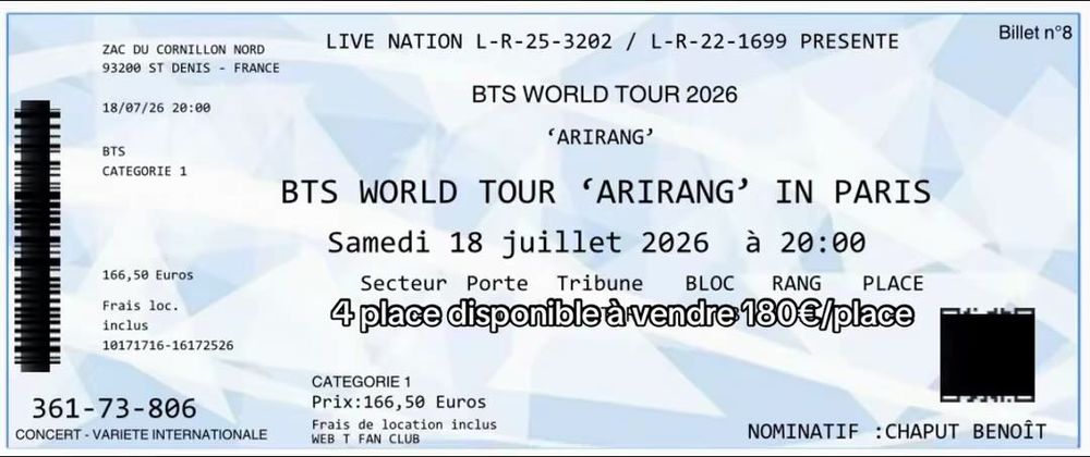 PLACE DE CONCERT BTS 18 juillet Billetterie