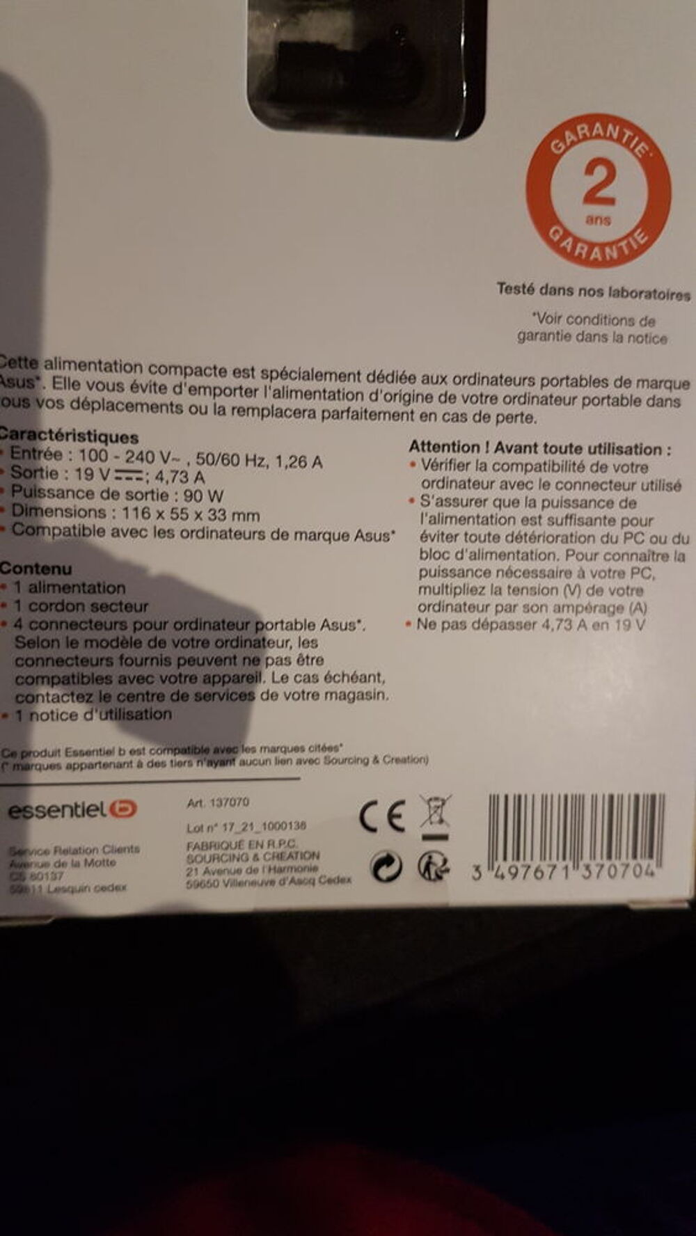 ALIMENTATION POUR ORDINATEUR PORTABLE Matériel informatique