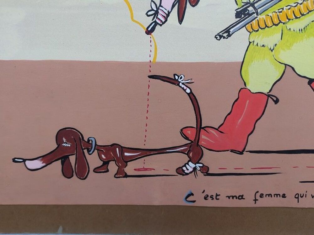 Dessin Gouache Humoristique Th&egrave;me Chasse Sign&eacute; Taveau 39 