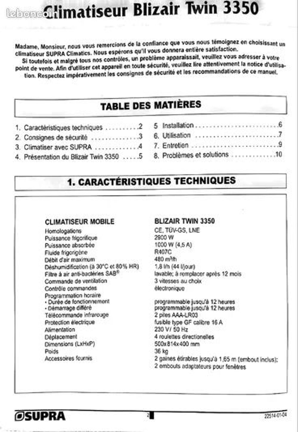 Climatiseur SUPRA Blizair Twin 3350 mobile sur roulettes Electroménager