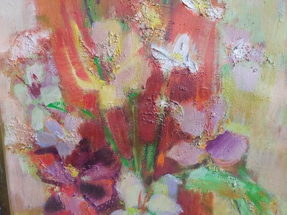 Tableau Bouquet de Fleurs Peinture &agrave; l'Huile Sign&eacute; Vincent Décoration