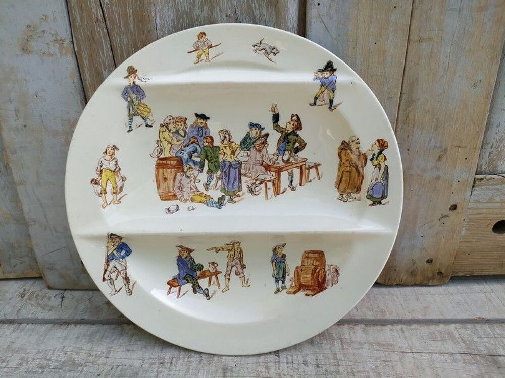 Assiette Fa&iuml;ence de Longwy Sc&egrave;ne Humoristique Taverne ca1880 Décoration