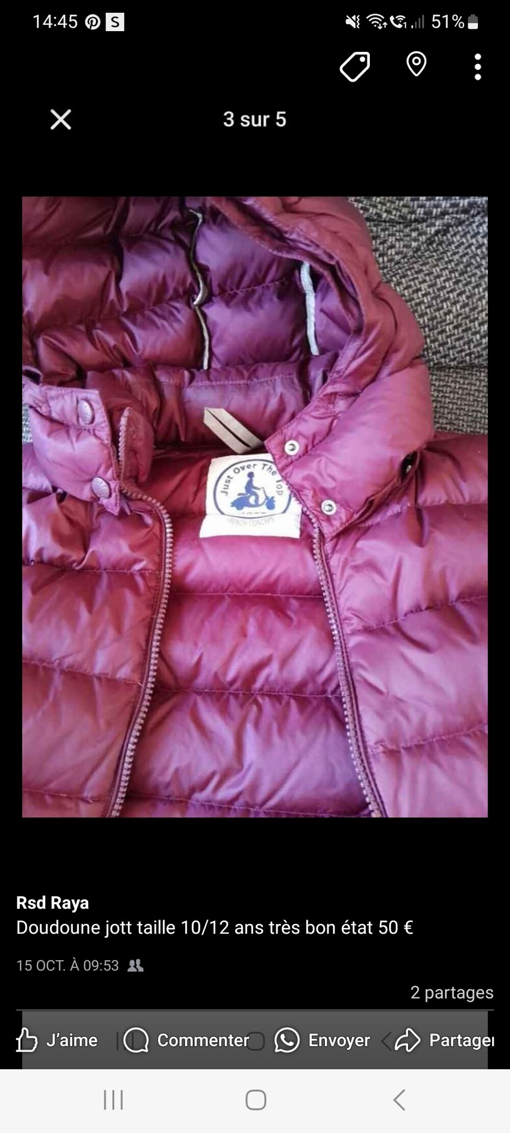 veste jott 10 ans couleur rose fonc&eacute; tr&egrave;s bon &eacute;tat Vêtements enfants
