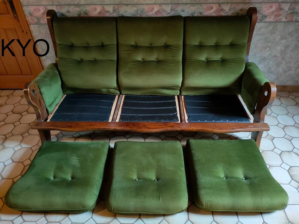 Canap&eacute; droit fixe 3 places, accoudoirs, 194 cm velours vert Meubles