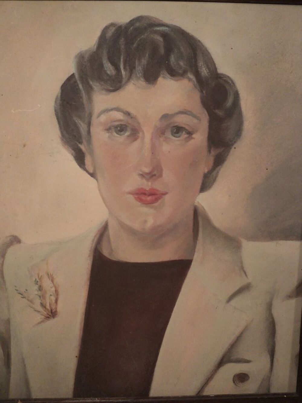 Ancien Tableau Portrait F&eacute;minin Femme des Ann&eacute;es 1940 