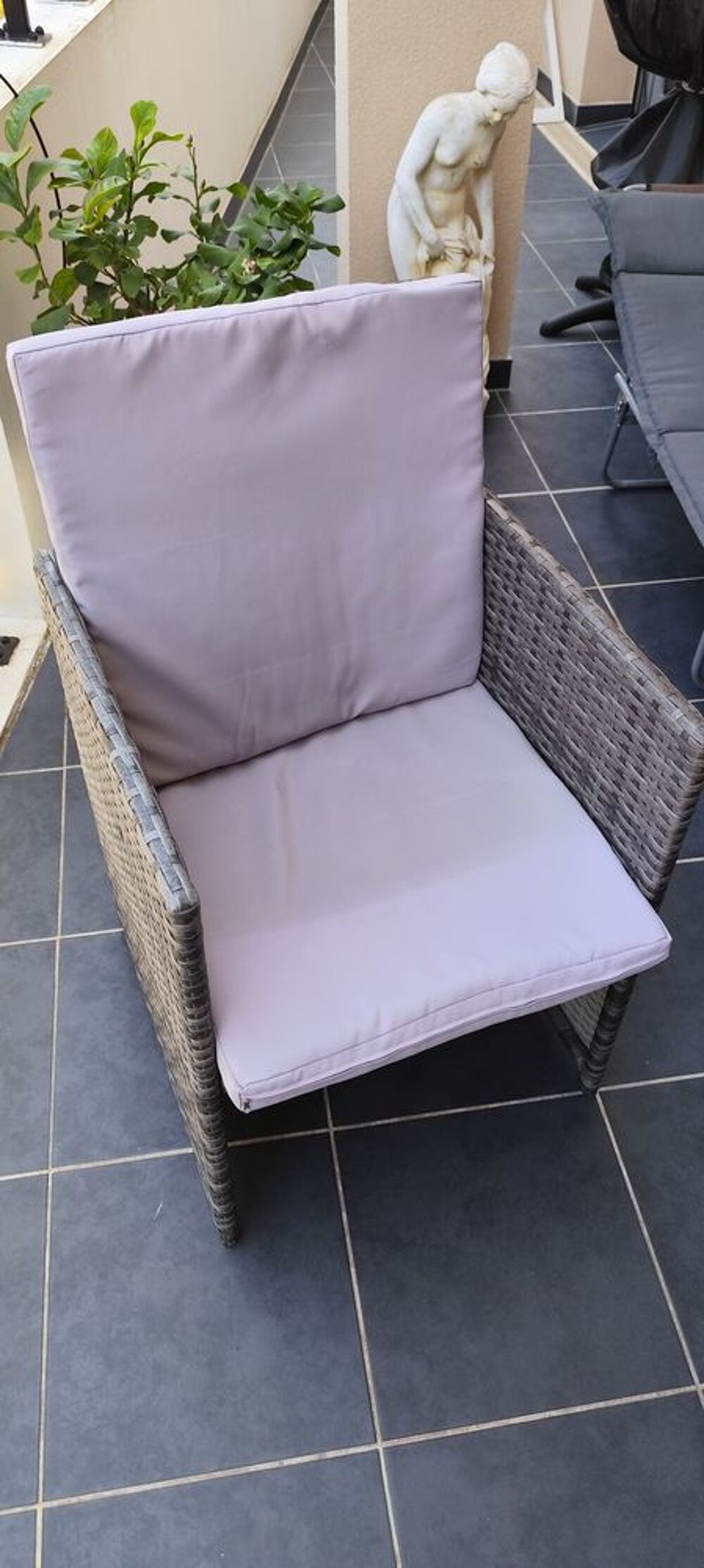 Table et chaises de jardin en osier gris avec plateau en ver Jardin