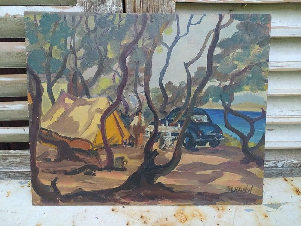 Tableau Paysage M&eacute;diterran&eacute;en Camping Sign&eacute; S.Chauvin 
