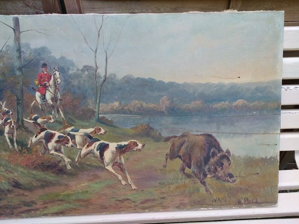 Tableau Chasse &agrave; Courre Sanglier Sign&eacute; Rolier Décoration