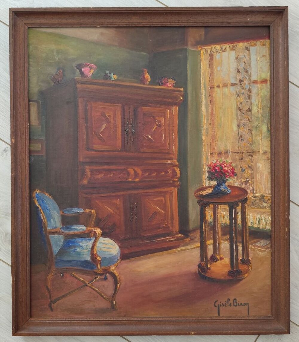 Sc&egrave;ne d'int&eacute;rieur style art d&eacute;co huile sur bois Décoration