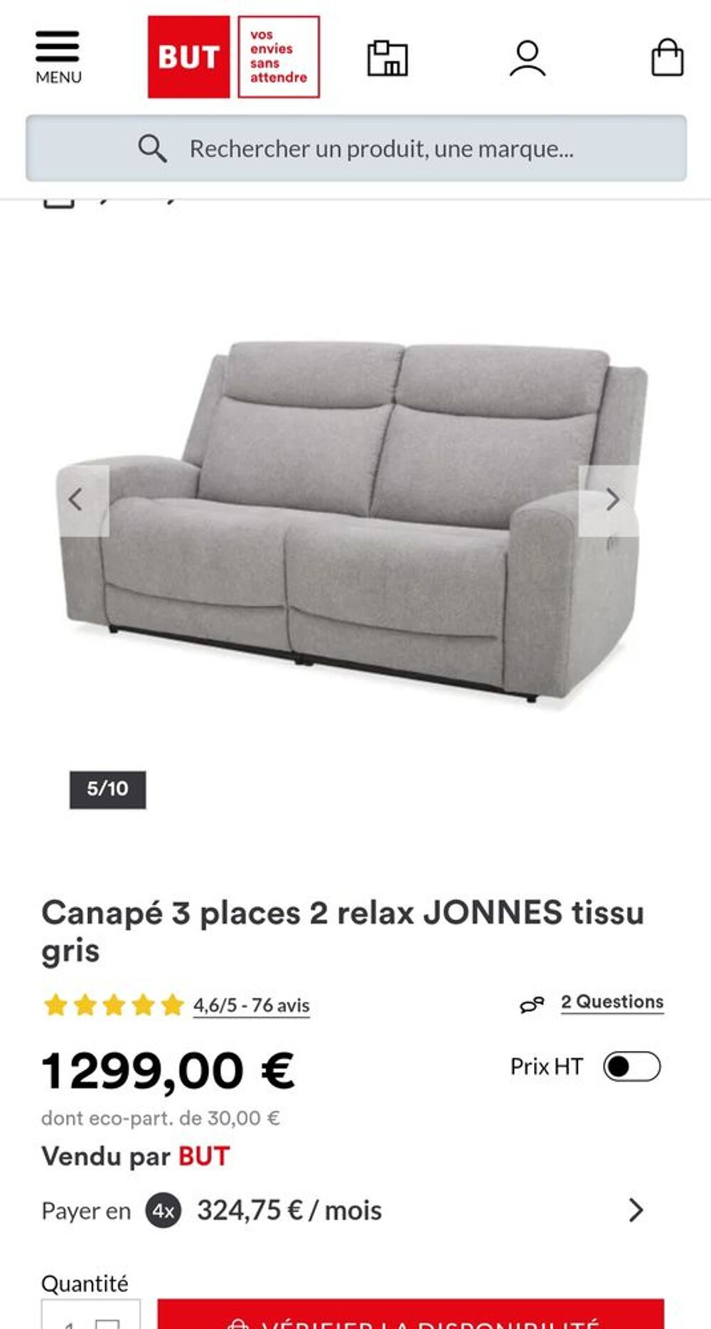 Canap&eacute; 3 places 2 relax tissu gris Meubles