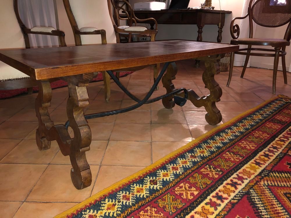Table basse en noyer et fer forg&eacute; Meubles