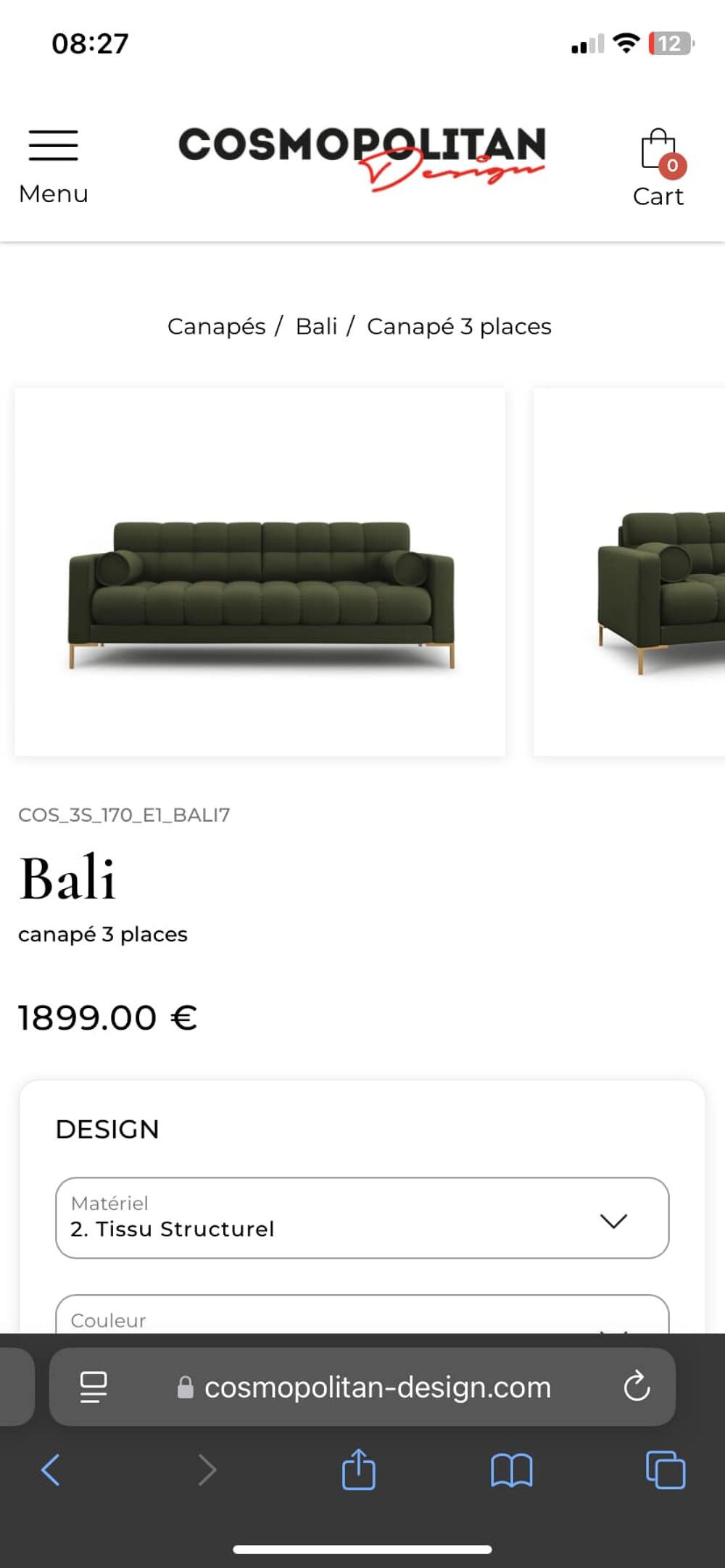 Canap&eacute; BALI 3 places vert QUASI NEUF Meubles