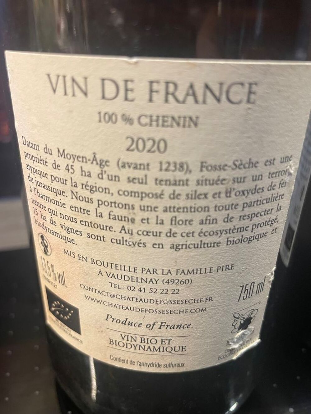 1 Bt PANTHALASSA 2020 Ch&acirc;teau de la Fosse S&egrave;che Loire Blanc Cuisine