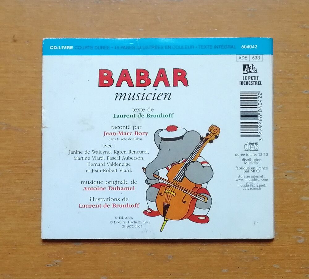 CD-Livre Babar musicien racont&eacute; par Jean-Marc BORY - Ad&egrave;s Livres et BD