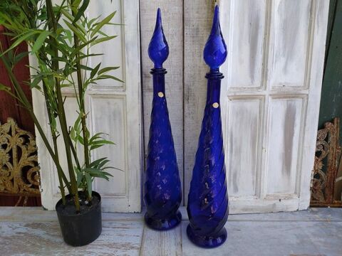 Bouteilles Carafes Verre Empoli Bleu Cobalt Italie Vintage 1 Loches (37)