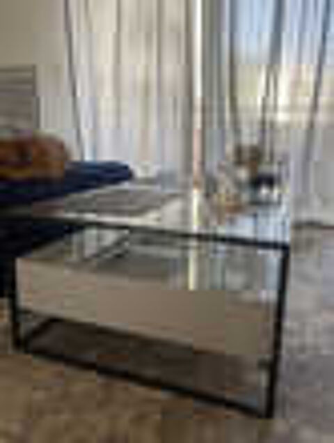 Table basse salon plateau en verre structure m&eacute;tal 2 tiroirs Meubles