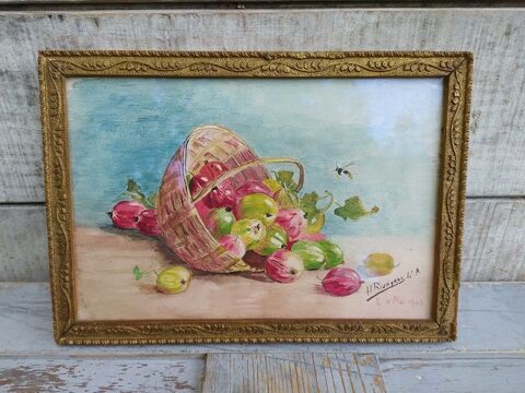 Tableau Dessin Nature Morte aux Fruits Signé H.Rivayrol 1923 45 Loches (37)