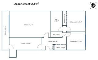  Appartement  vendre 3 pices 64 m
