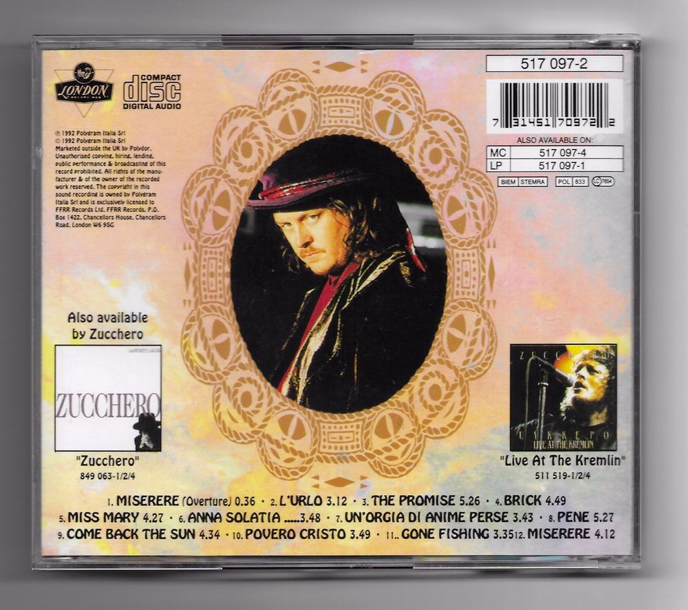 ZUCCHERO -CD- MISERERE (+ Luciano PAVAROTTI) - L'URLO - 1992 CD et vinyles