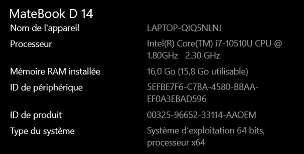 Huawei Matebook D14 i7 16Go RAM Matériel informatique