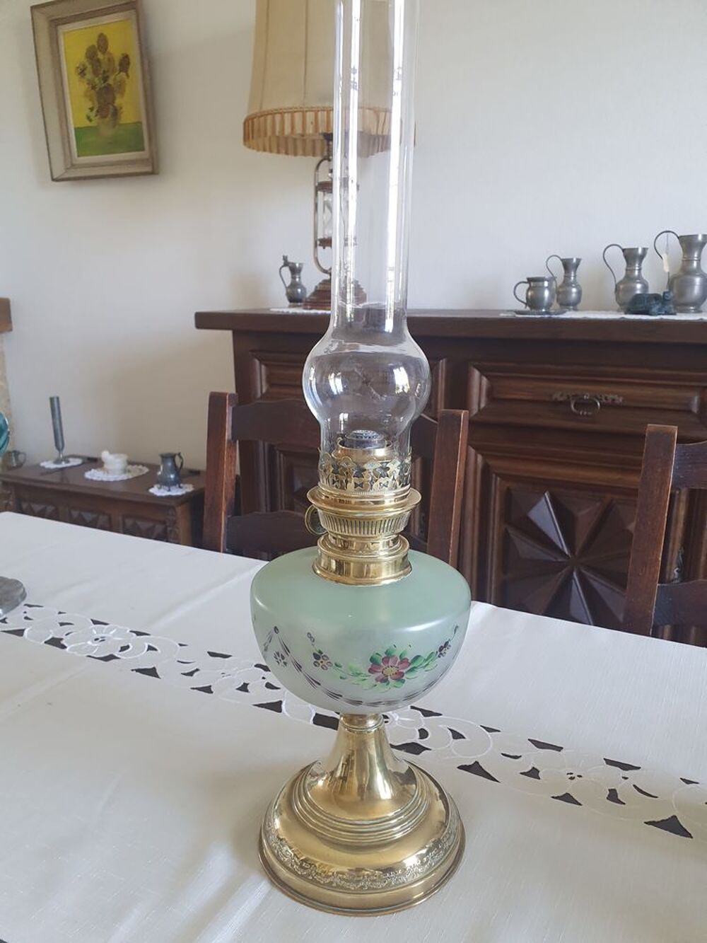 Lampe &agrave; p&eacute;trole, verre peint Dcoration