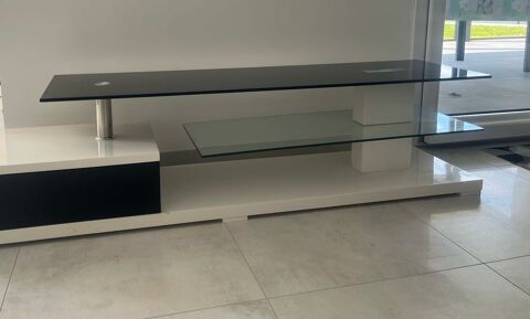 Meuble TV noir en verre et blanc laqu� 180 cm  90 Dole (39)