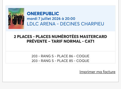Lot 2 places One REPUBLIC - LDLC LYON DECINES 90 Lyon 8 (69)