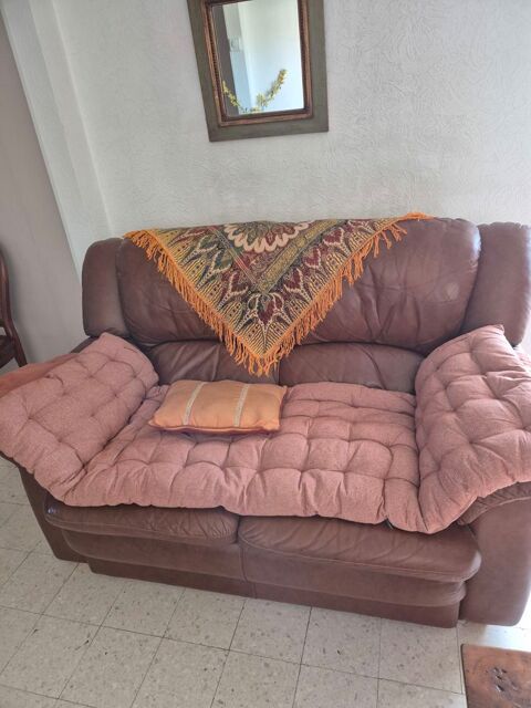 Canap� 2 places + 2 fauteuils cuir marron 20 La Mede (13)