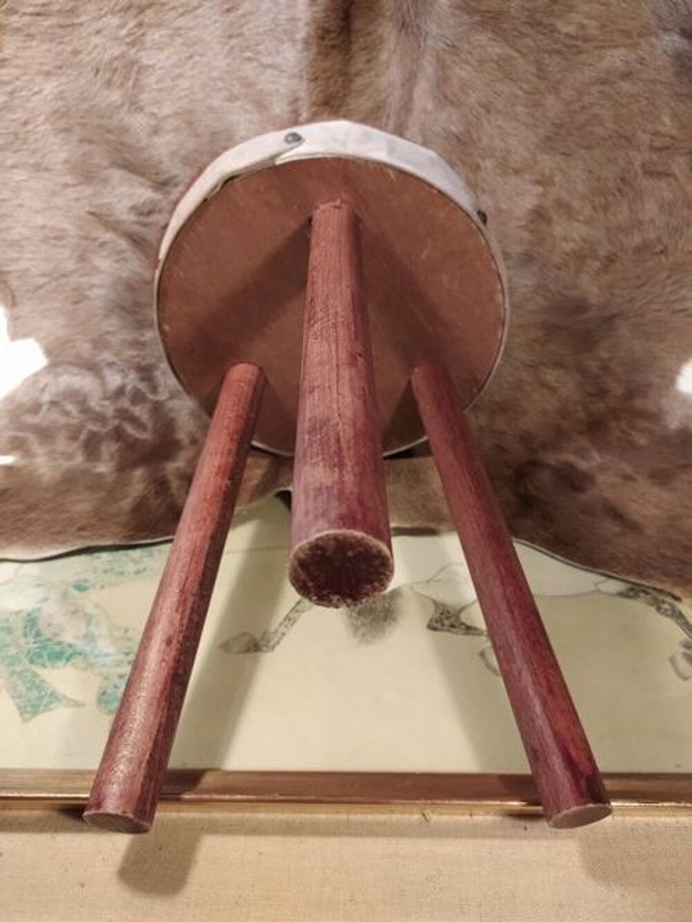 Tabouret Bois et Cuir Peau de Vache Vintage Meubles