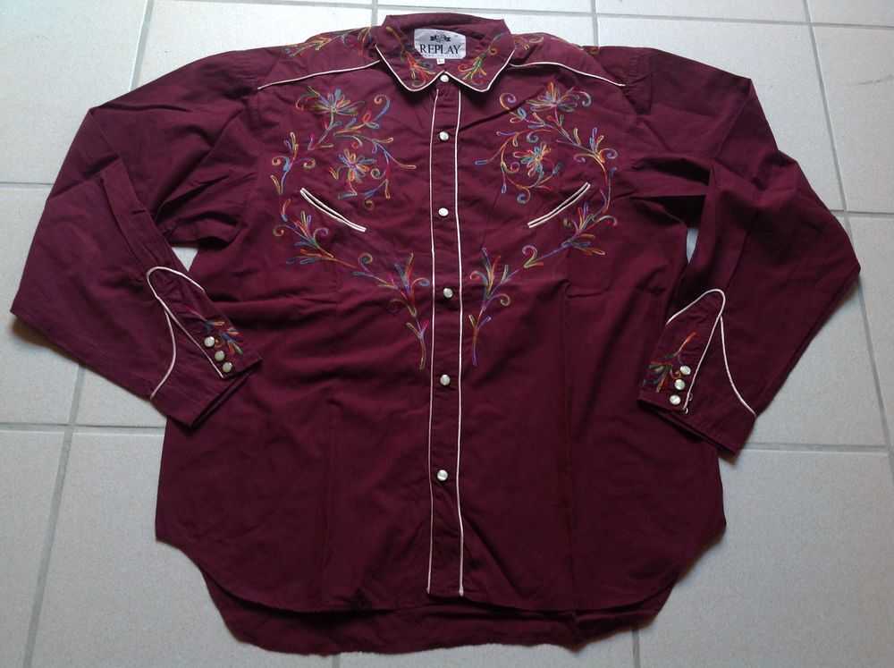 CHEMISE ORIGINALE REPLAY BROD&Eacute;E BOUTONS NACRE Envoi Possible Vêtements