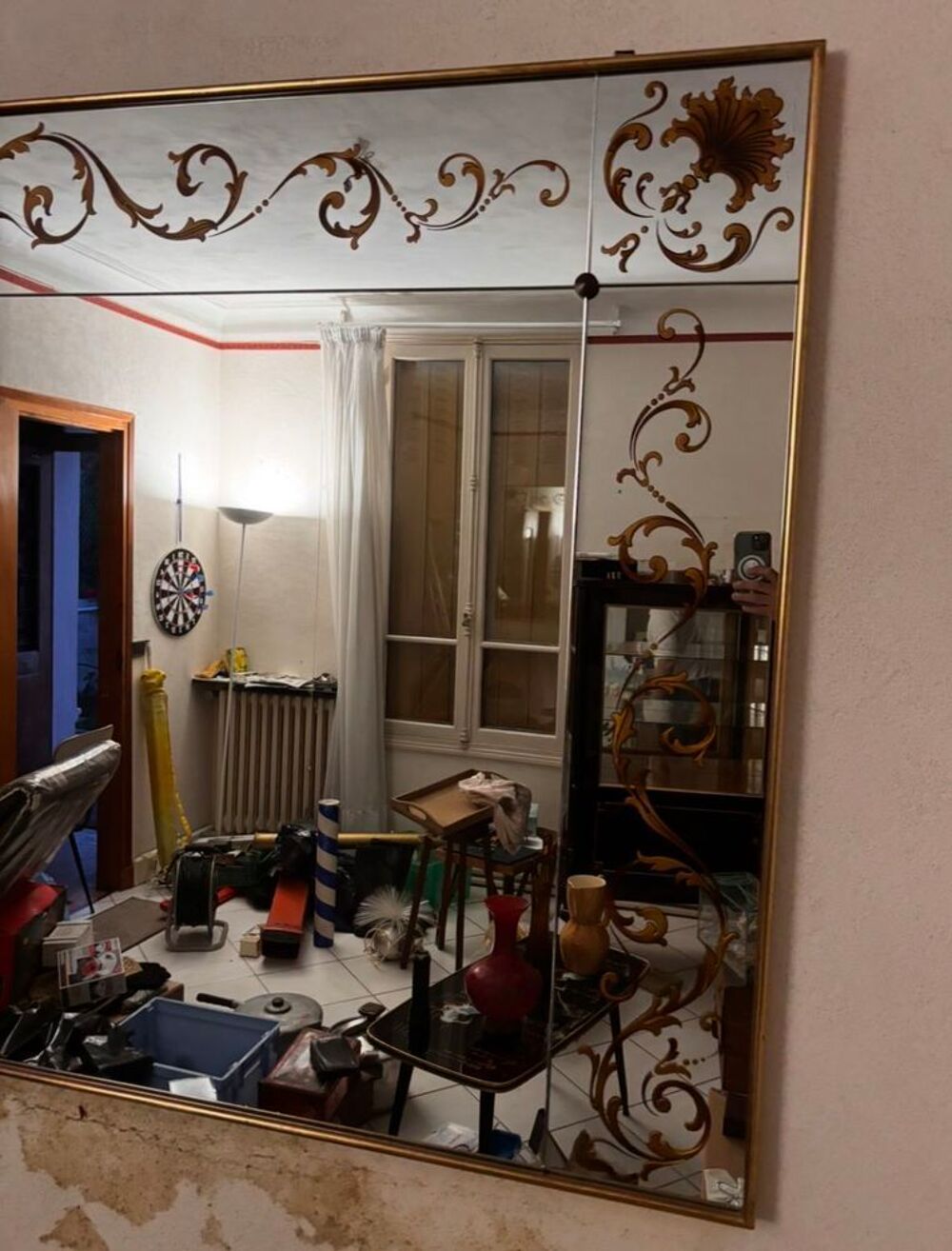 Tr&egrave;s grand miroir mural &eacute;glomis&eacute; €" d&eacute;cor &agrave; la feuille d'or €" 240 &agrave;- 120 cm Meubles