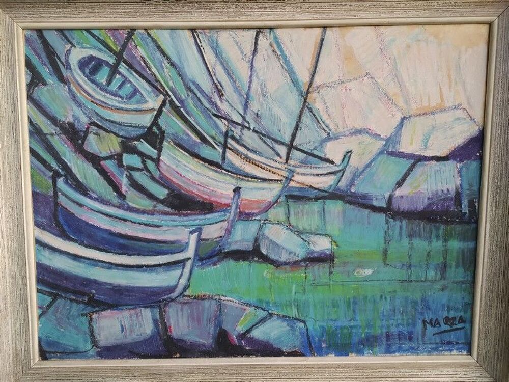 Tableau Marine Bateaux Barques Sign&eacute; MARRA Expressionnisme 
